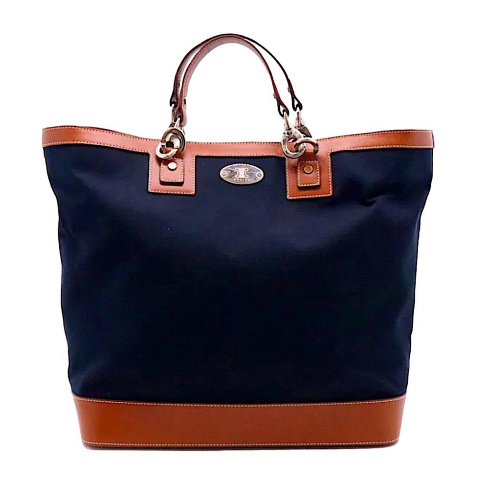 CELINE Navy Blue Denim Canvas & Brown Leather Trim Tote Bag w Silver Hardware